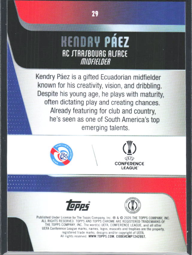 2025-26 Topps Chrome UEFA Club Competitions #29 Kendry Páez – baksida