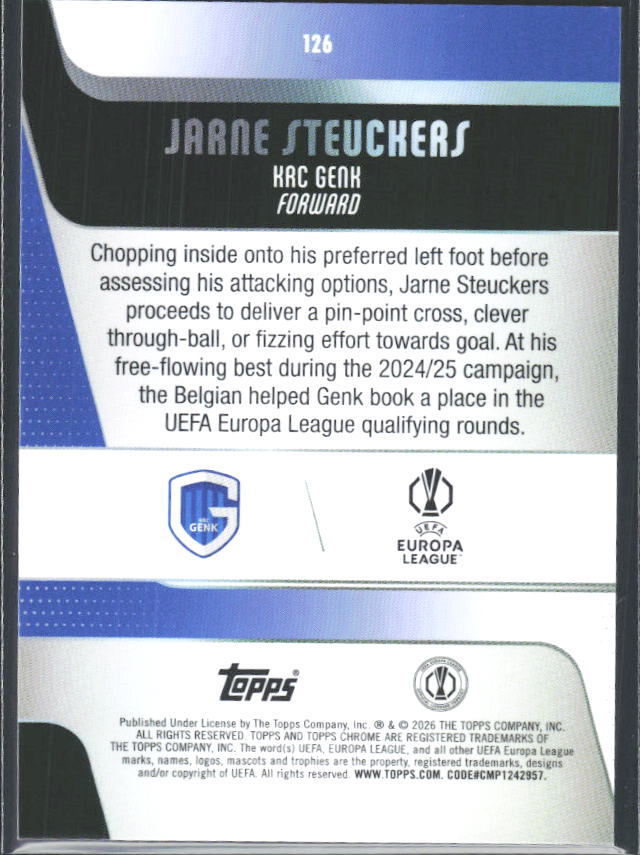 2025-26 Topps Chrome UEFA Club Competitions #126 Jarne Steuckers – baksida
