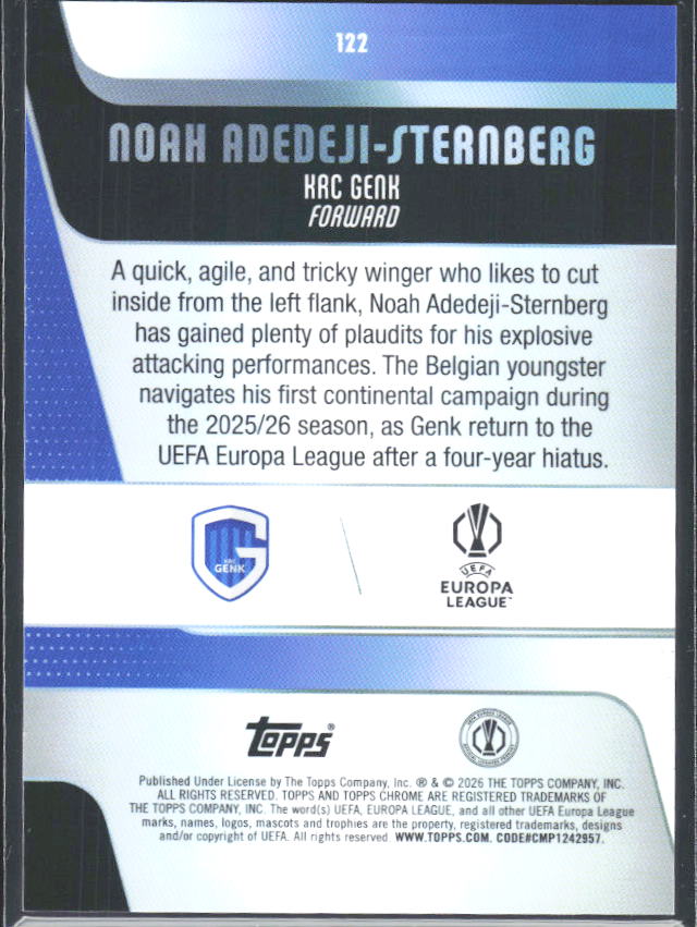 2025-26 Topps Chrome UEFA Club Competitions #122 Noah Adedeji-Sternberg – baksida
