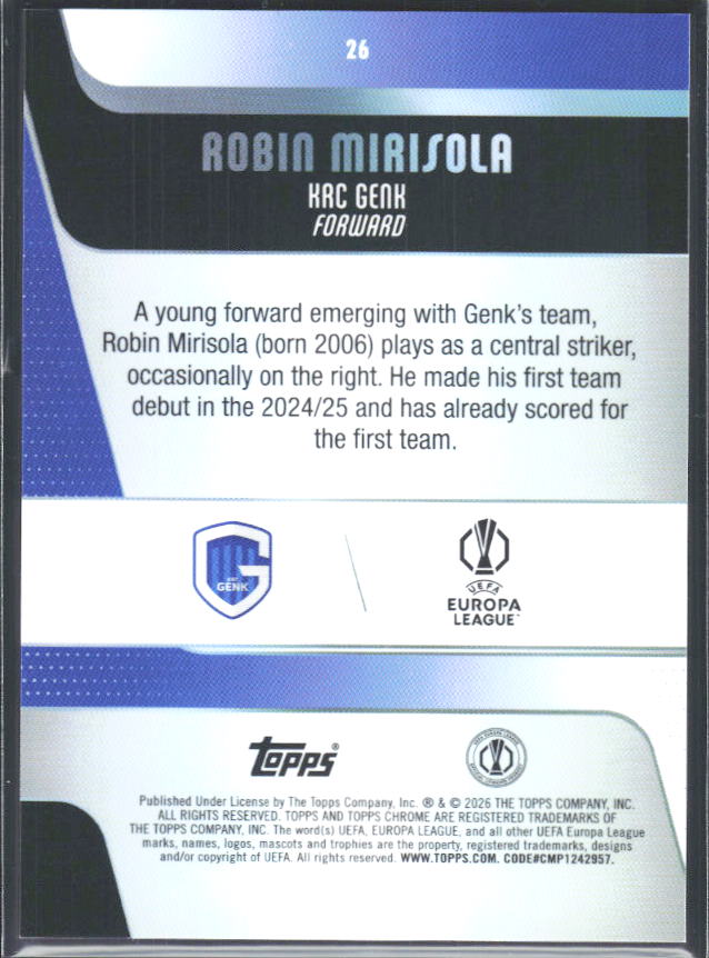 2025-26 Topps Chrome UEFA Club Competitions #26 Robin Mirisola – baksida