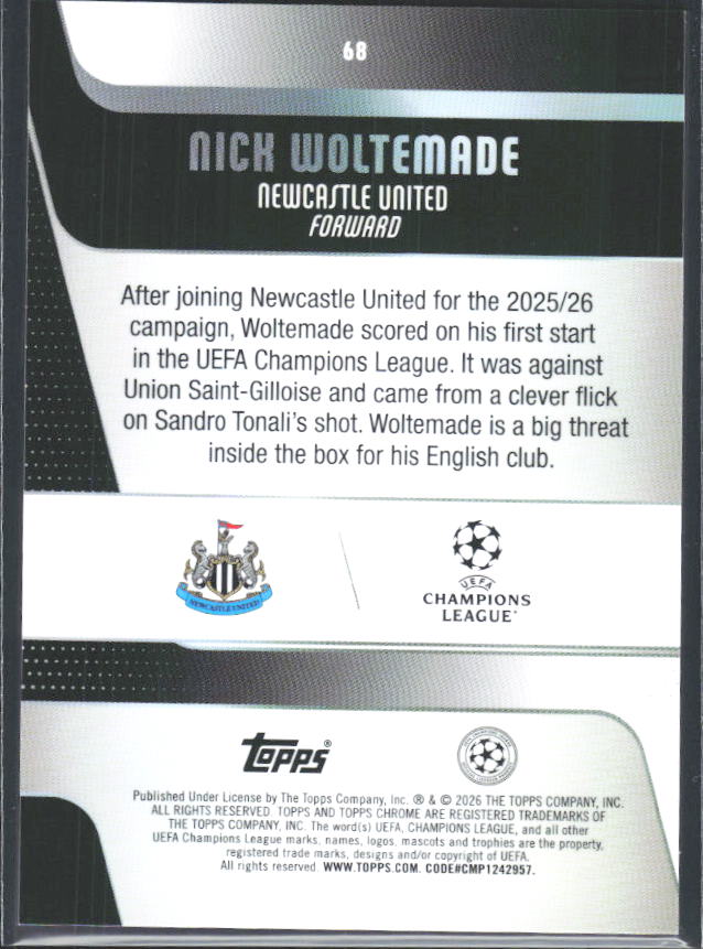 2025-26 Topps Chrome UEFA Club Competitions #68 Nick Woltemade – baksida