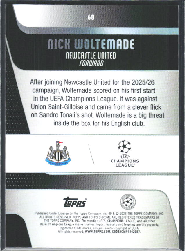 2025-26 Topps Chrome UEFA Club Competitions #68 Nick Woltemade – baksida