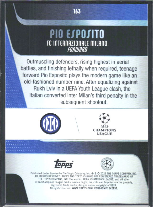 2025-26 Topps Chrome UEFA Club Competitions #163 Pio Esposito – baksida