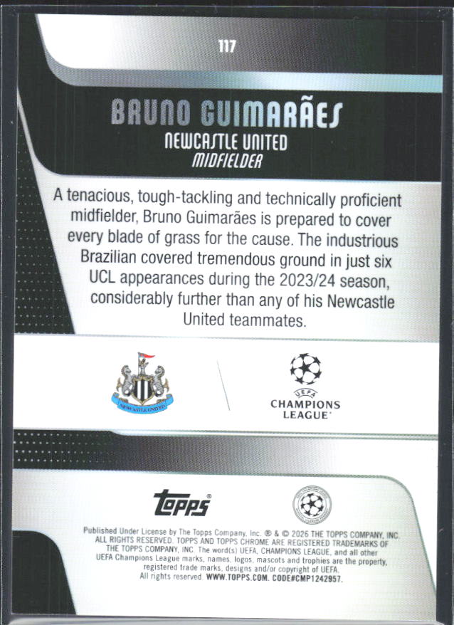 2025-26 Topps Chrome UEFA Club Competitions #117 Bruno Guimarães – baksida