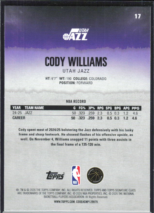 2025-26 Topps Signature Class #17 Cody Williams – baksida