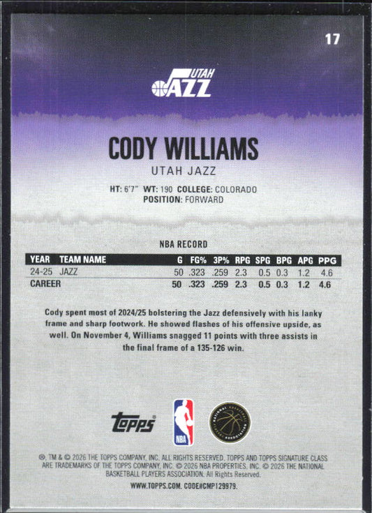 2025-26 Topps Signature Class #17 Cody Williams – baksida