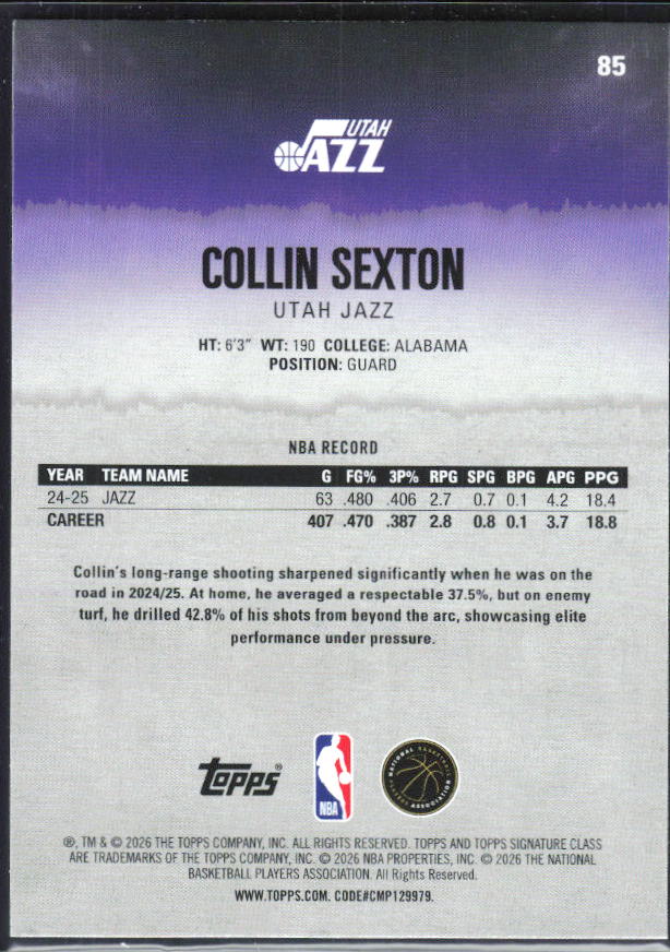 2025-26 Topps Signature Class #85 Collin Sexton – baksida