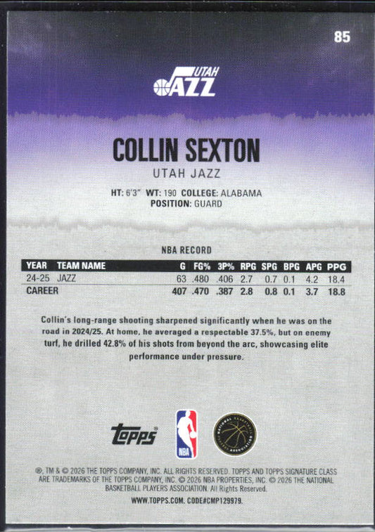 2025-26 Topps Signature Class #85 Collin Sexton – baksida