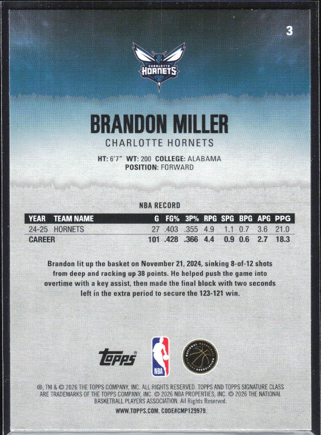 2025-26 Topps Signature Class #3 Brandon Miller – baksida