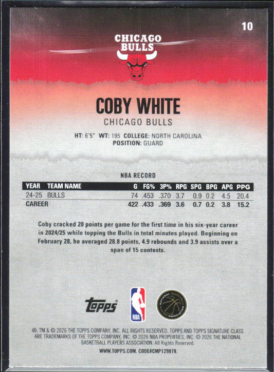 2025-26 Topps Signature Class #10 Coby White – baksida