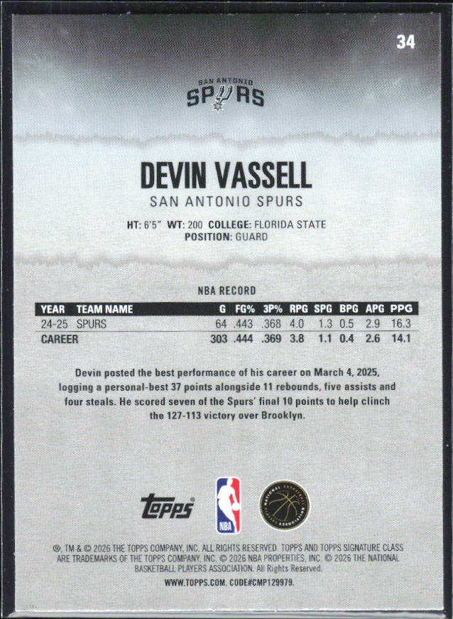 2025-26 Topps Signature Class #34 Devin Vassell – baksida