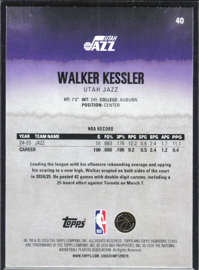 2025-26 Topps Signature Class #40 Walker Kessler – baksida