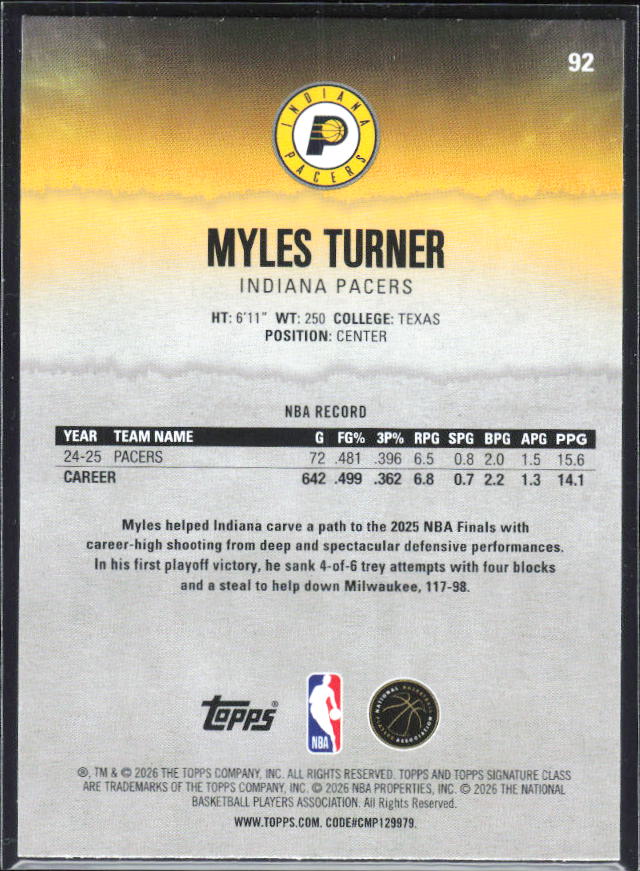 2025-26 Topps Signature Class #92 Myles Turner – baksida