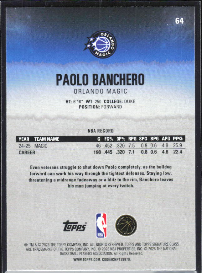 2025-26 Topps Signature Class #64 Paolo Banchero – baksida