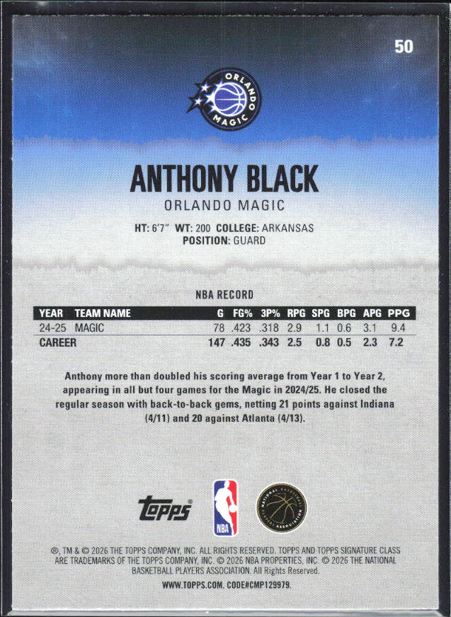 2025-26 Topps Signature Class #50 Anthony Black – baksida