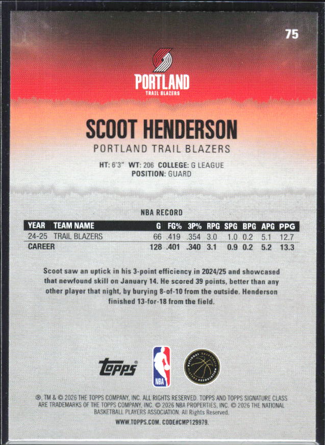 2025-26 Topps Signature Class #75 Scoot Henderson – baksida