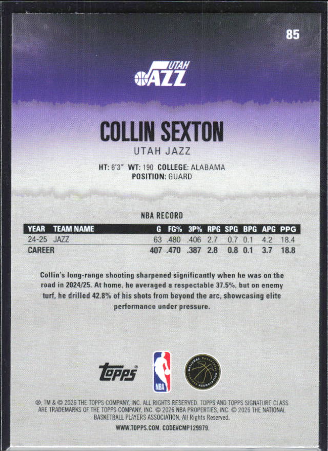 2025-26 Topps Signature Class #85 Collin Sexton – baksida