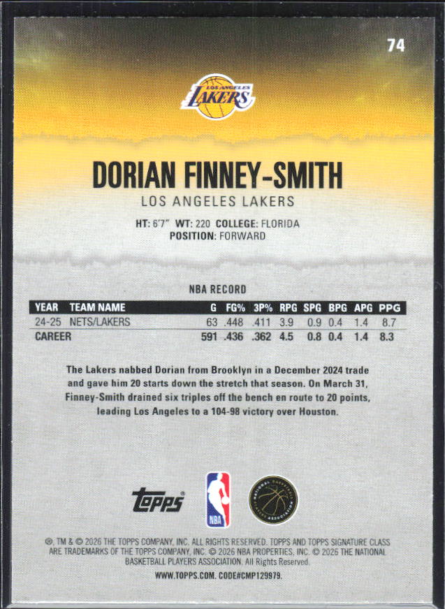 2025-26 Topps Signature Class #74 Dorian Finney-Smith – baksida