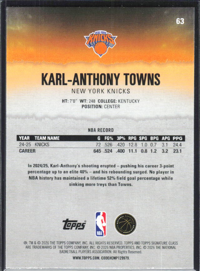 2025-26 Topps Signature Class #63 Karl-Anthony Towns – baksida