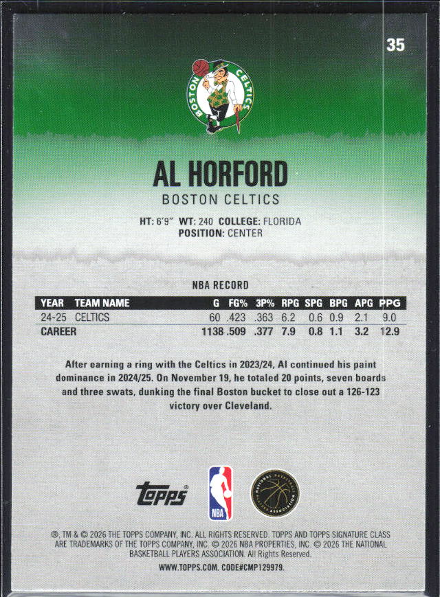 2025-26 Topps Signature Class #35 Al Horford – baksida
