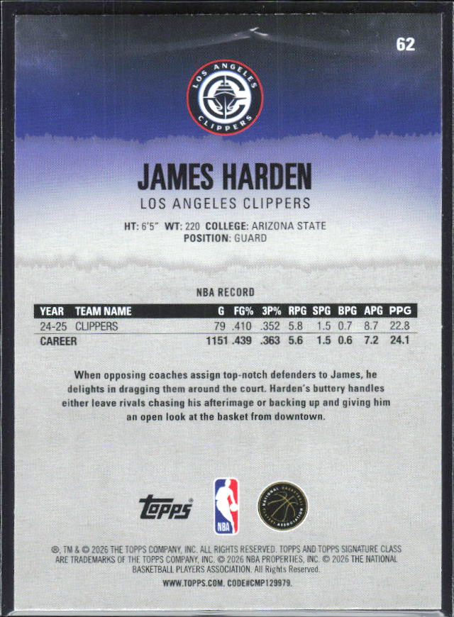 2025-26 Topps Signature Class #62 James Harden – baksida