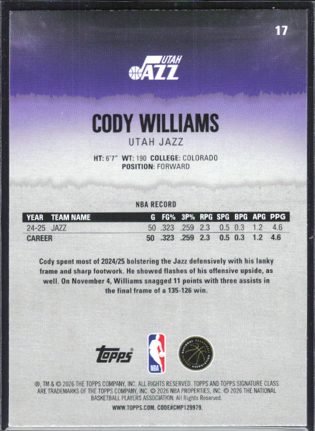 2025-26 Topps Signature Class #17 Cody Williams – baksida