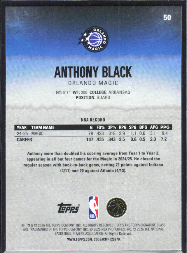 2025-26 Topps Signature Class #50 Anthony Black – baksida