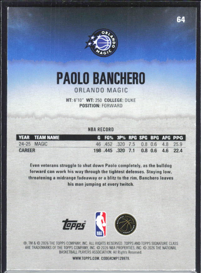 2025-26 Topps Signature Class #64 Paolo Banchero – baksida
