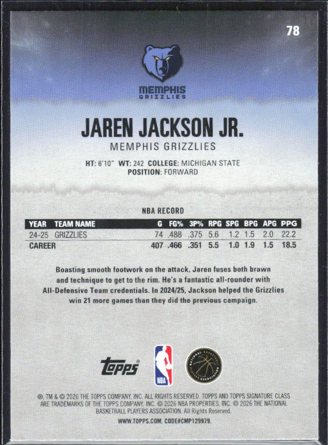 2025-26 Topps Signature Class #78 Jaren Jackson Jr. – baksida