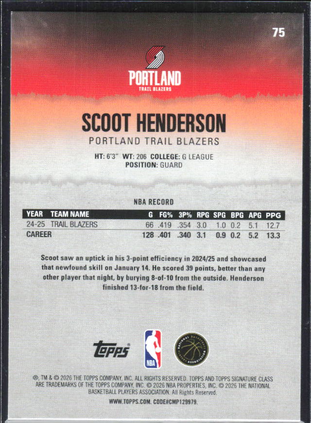 2025-26 Topps Signature Class #75 Scoot Henderson – baksida