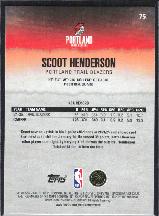 2025-26 Topps Signature Class #75 Scoot Henderson – baksida