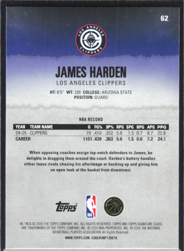 2025-26 Topps Signature Class #62 James Harden – baksida