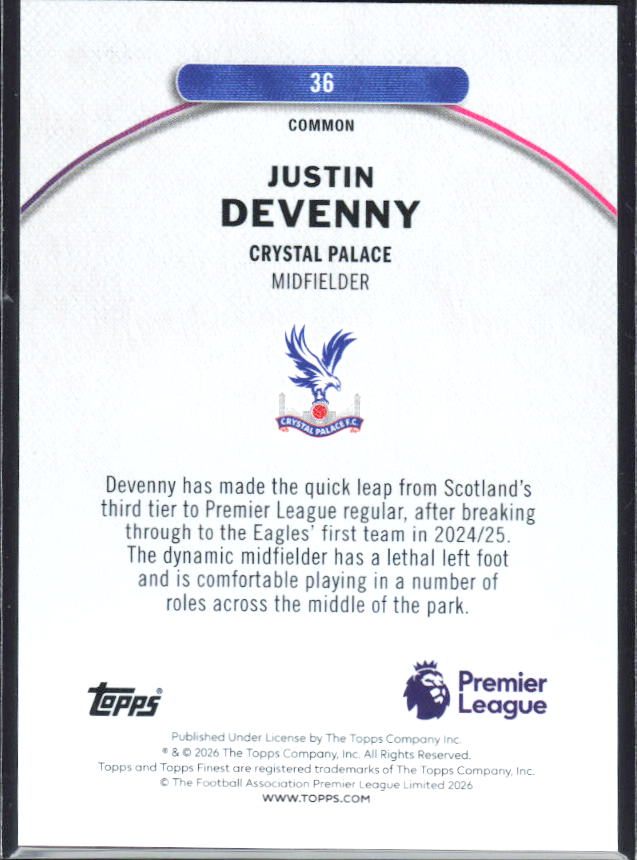 2025-26 Topps Finest Premier League #36 Justin Devenny – baksida
