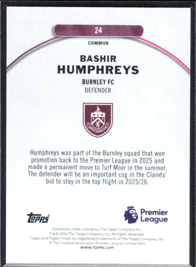 2025-26 Topps Finest Premier League #24 Bashir Humphreys – baksida