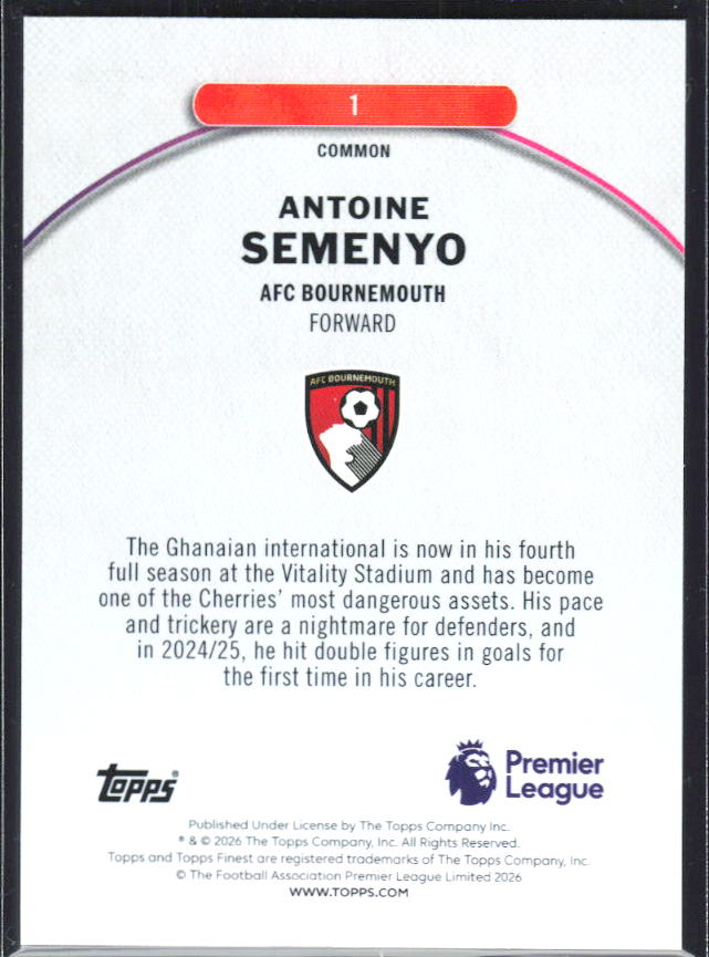 2025-26 Topps Finest Premier League #1 Antoine Semenyo – baksida