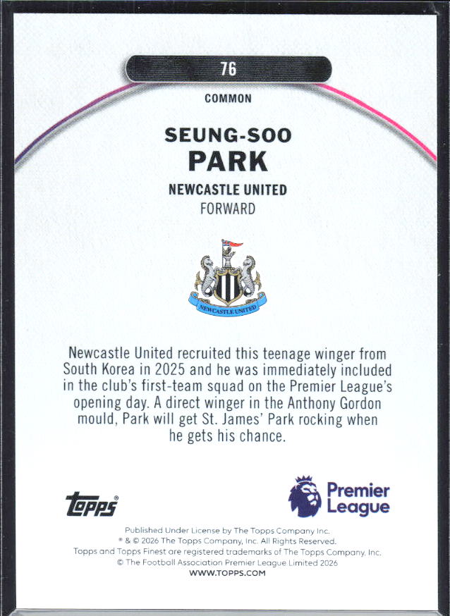 2025-26 Topps Finest Premier League #76 Seung-Soo Park – baksida