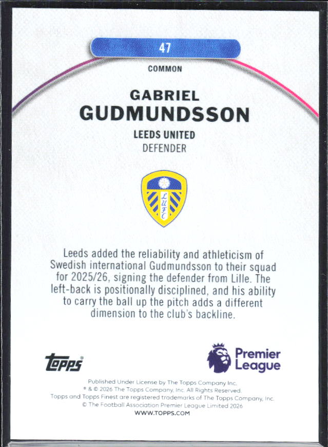 2025-26 Topps Finest Premier League #47 Gabriel Gudmundsson – baksida
