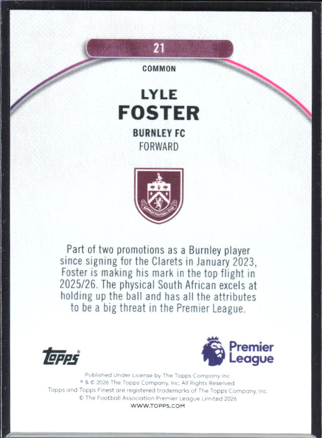 2025-26 Topps Finest Premier League #21 Lyle Foster – baksida