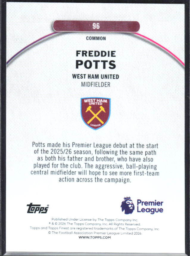 2025-26 Topps Finest Premier League #96 Freddie Potts – baksida