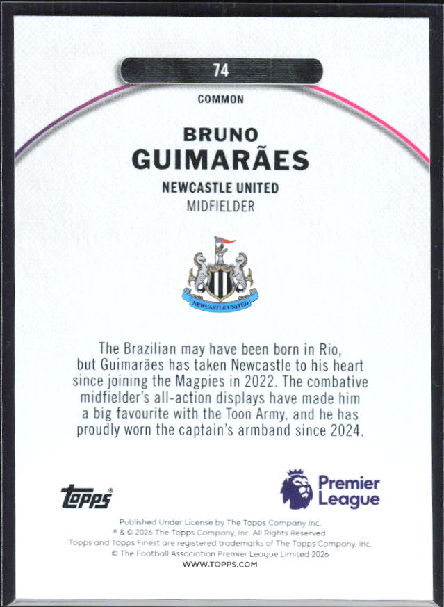 2025-26 Topps Finest Premier League #74 Bruno Guimarães – baksida