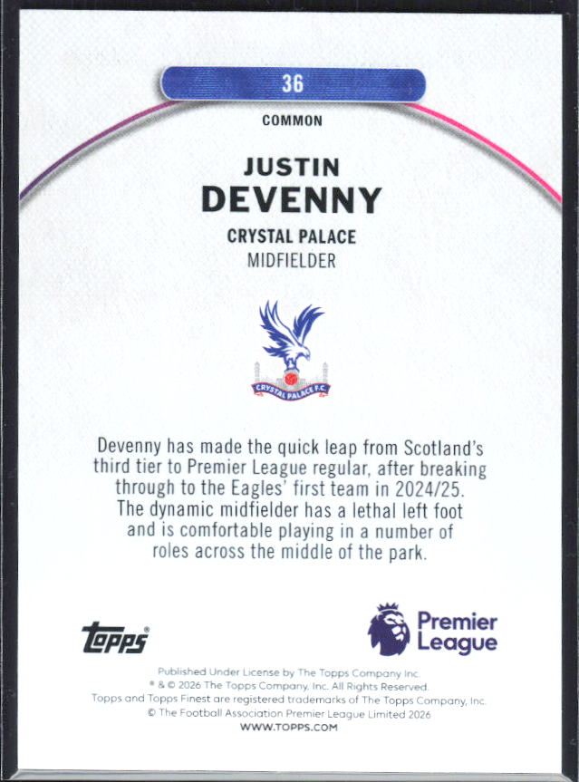 2025-26 Topps Finest Premier League #36 Justin Devenny – baksida