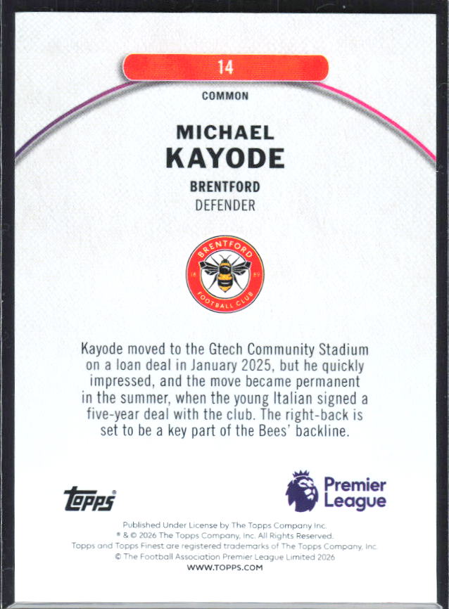 2025-26 Topps Finest Premier League #14 Michael Kayode – baksida