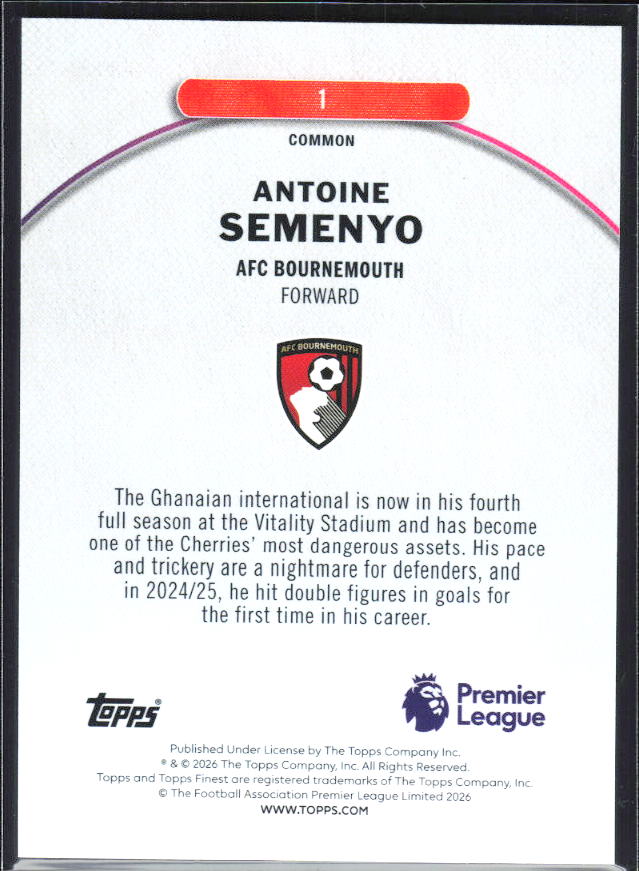 2025-26 Topps Finest Premier League #1 Antoine Semenyo – baksida