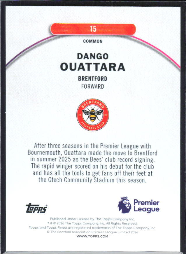 2025-26 Topps Finest Premier League #15 Dango Ouattara – baksida
