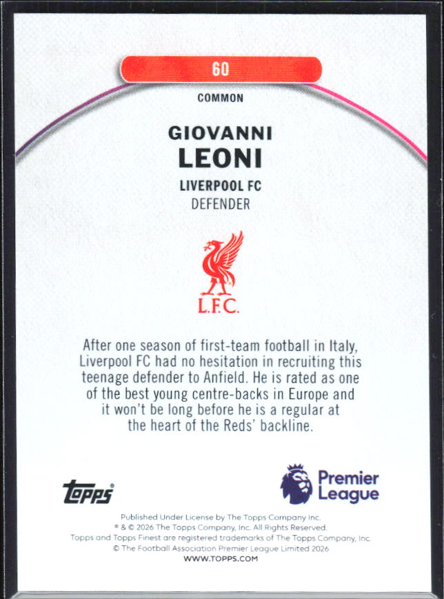 2025-26 Topps Finest Premier League #60 Giovanni Leoni – baksida
