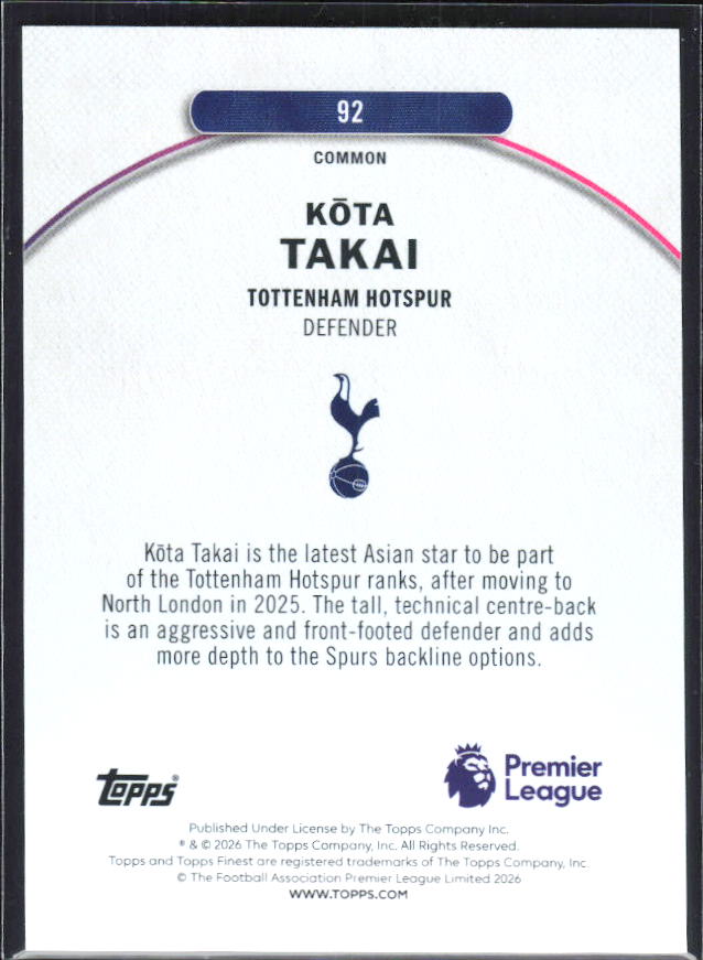 2025-26 Topps Finest Premier League #92 Kōta Takai – baksida