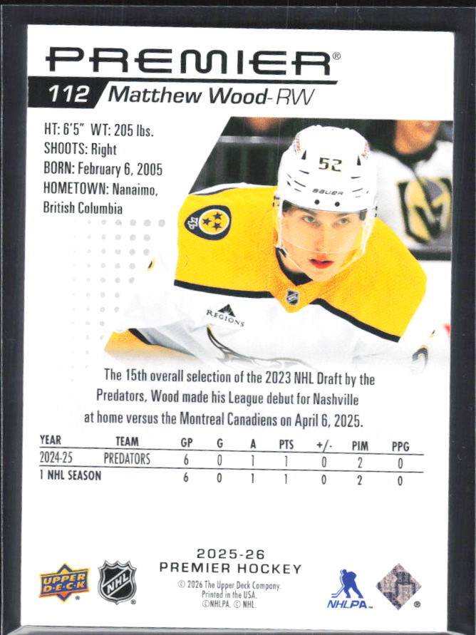 2025-26 Upper Deck Premier Matthew Wood #112 Rookie 181/399 – baksida