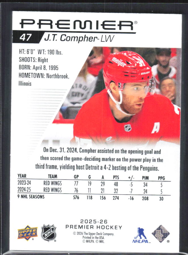 2025-26 Upper Deck Premier J.T. Compher #47 Base 104/249 – baksida