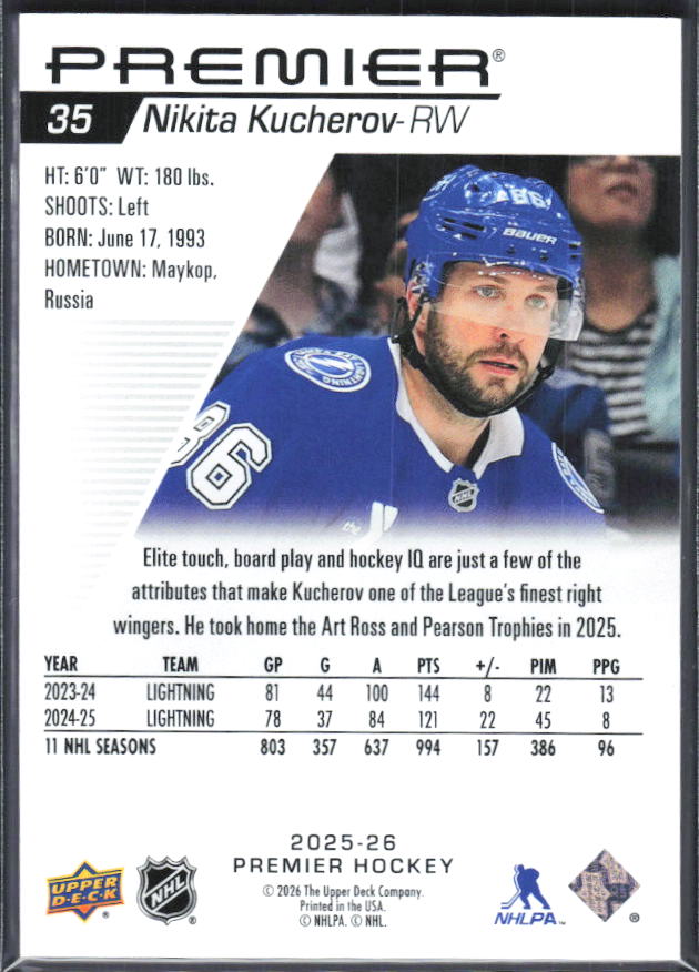2025-26 Upper Deck Premier Nikita Kucherov #35 Base 215/249 – baksida