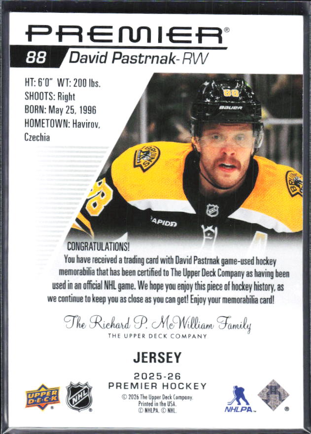 2025-26 Upper Deck Premier David Pastrnak #88 Jersey – baksida